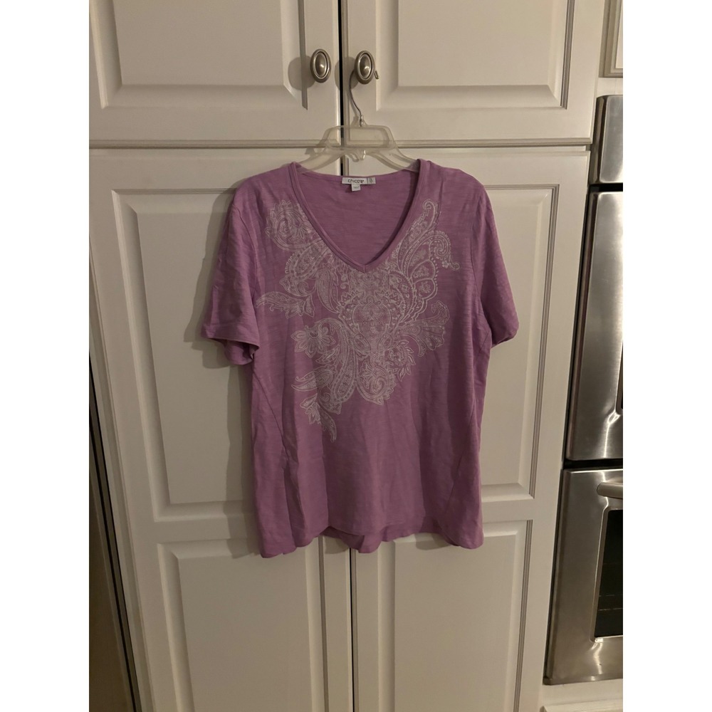 Chicos Purple Paisley Graphic V-Neck Slub Knit T-Shirt Size 2 Large Cotton Modal